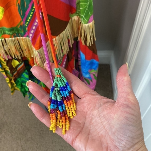 Farm Rio Anthropologie Dress Palila Tropical Printed Fringe Casual Midi Sz S NEW - Picture 9 of 16